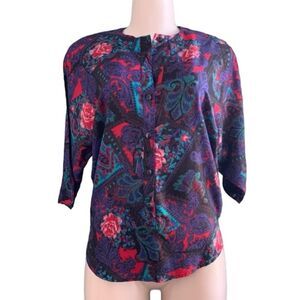 Ms Interpret New York Vintage Floral Dolman 3/4 Sleeve Padded Shoulder Top Med